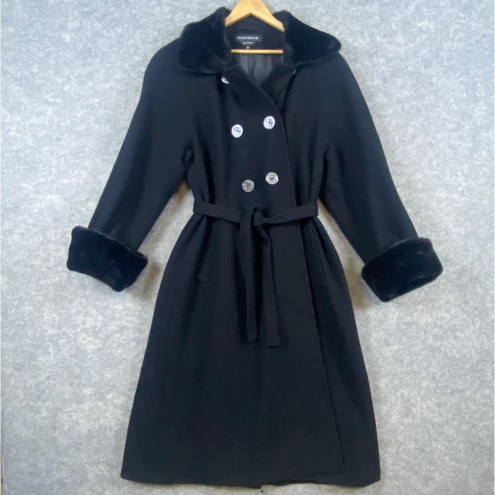 Donnybrook Vintage 100% Wool Coat Size 12 Black Double Breasted Faux Fur Long